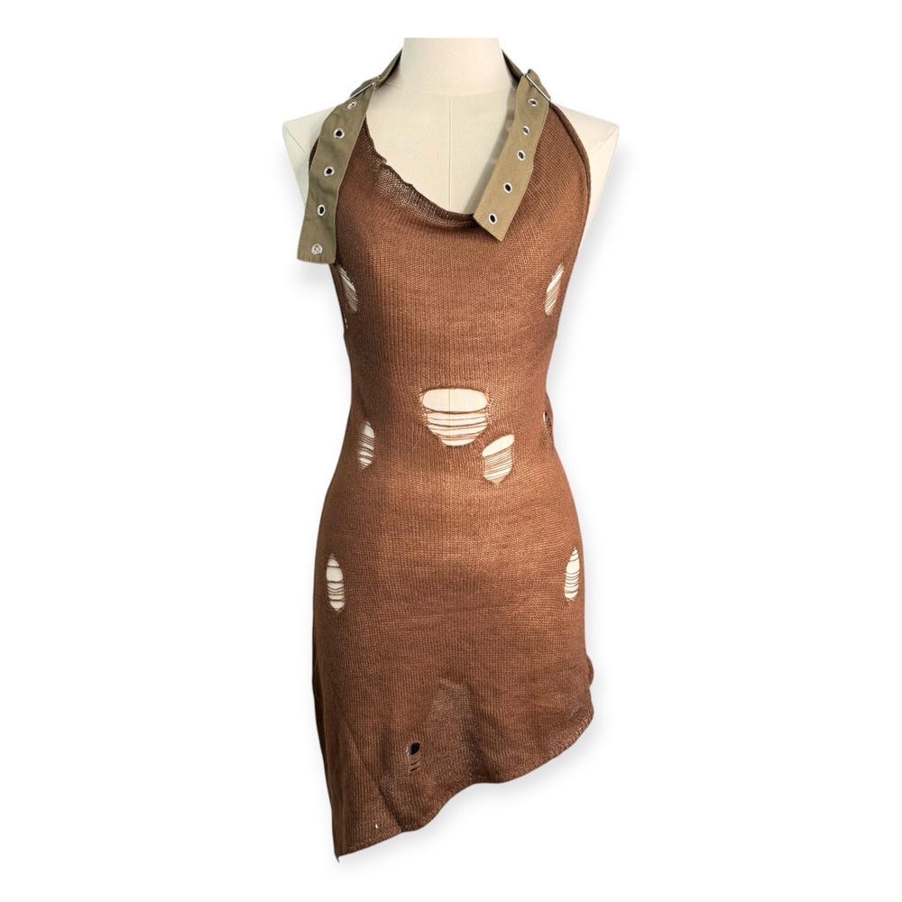 Yingyunjia Brown Distressed Knit Halter Mini Dress Asymmetrical Hem NWT